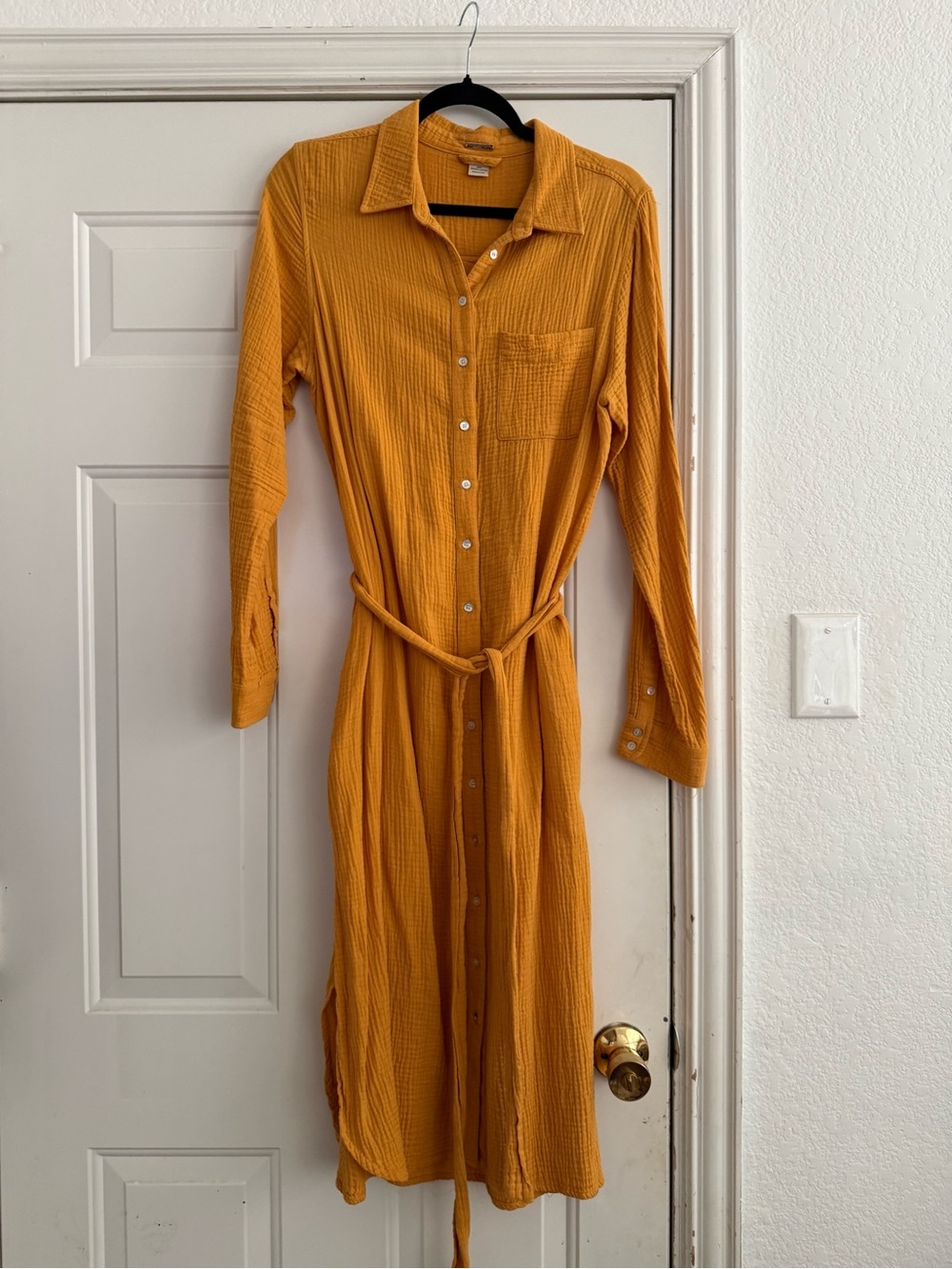 Magaschoni Cotton Gauze Mustard Button-Front Shirt Dress with Waist Tie